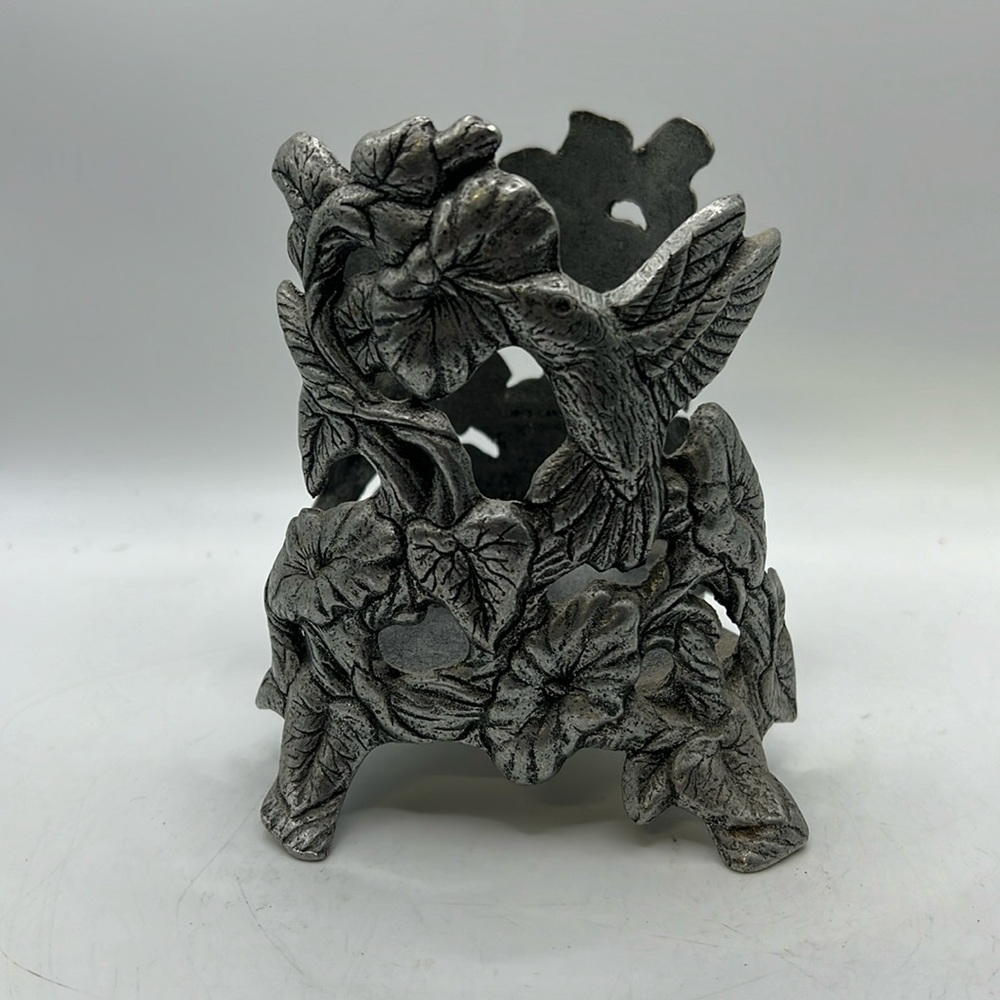 Vintage 1996 Carson Hummingbird Candle Jar Holder Silver Metal Pewter Decor Art